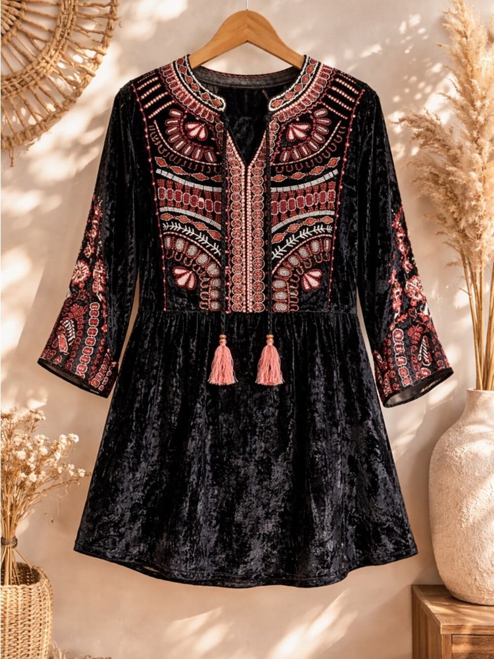 John Mark Black Boho Velvet Long Sleeve Tunic Dress with Pink Embroidery